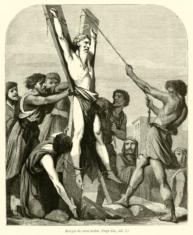 Sankt Andreas martyrskap (gravyr) av French School