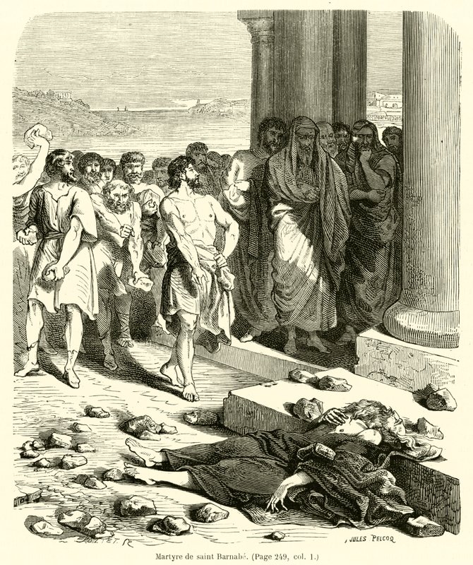 Sankt Barnabas martyrskap (gravyr) av French School