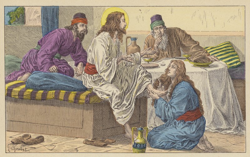 Maria Magdalena vid Jesu fötter (färg litho) av French School