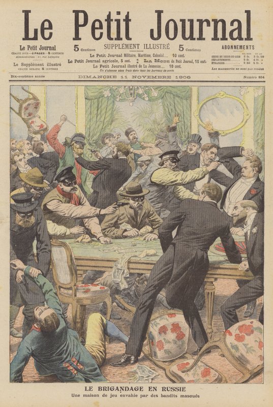 Maskerade rånare som plundrar en spelanläggning i Ryssland (färg litho) av French School