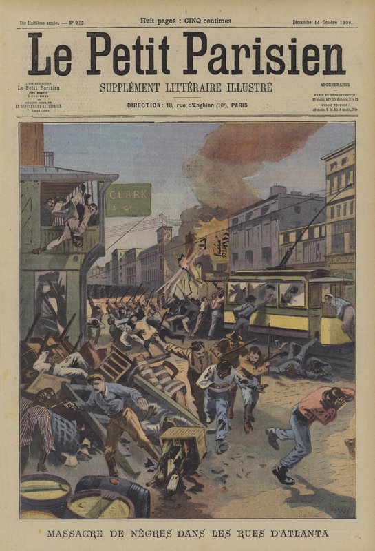 Massaker av svarta människor på gatorna i Atlanta, Georgia (färg litho) av French School