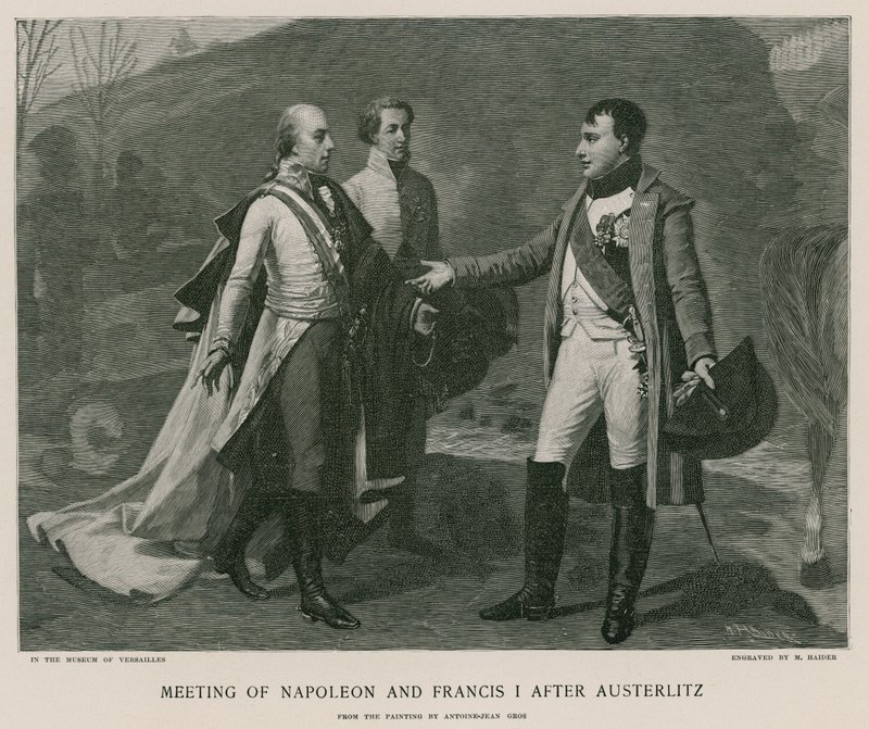 Möte av Napoleon och Francis I efter Austerlitz av French School