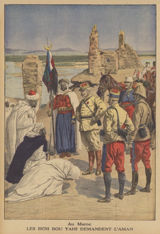 Medlemmar av Beni Bou Yahi-stammen ber om benådning för att ha attackerat en fransk konvoj i Marocko (färg litho) av French School