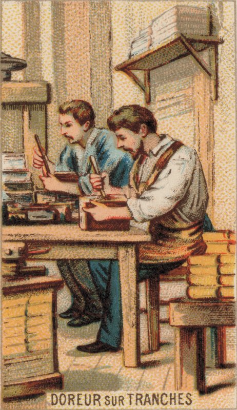 Män förgyller böcker med guld (chromolitho) av French School