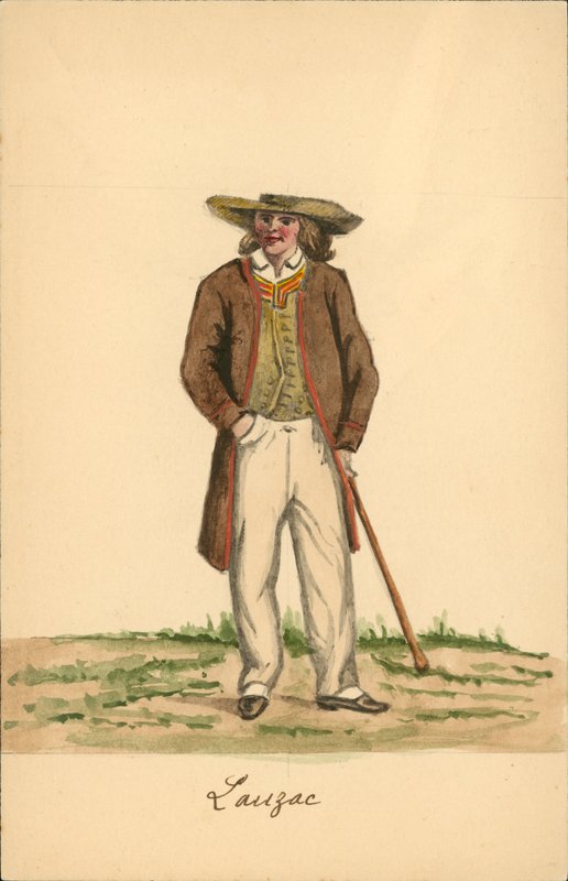 Herrdräkt från Lauzach, Morbihan (färglitografi) av French School