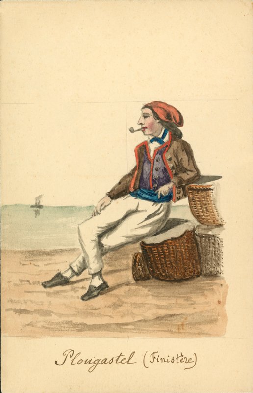 Herrkostym från Plougastel, Finistere (färglitografi) av French School