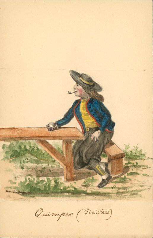 Herrdräkt från Quimper, Finistere (färglitografi) av French School