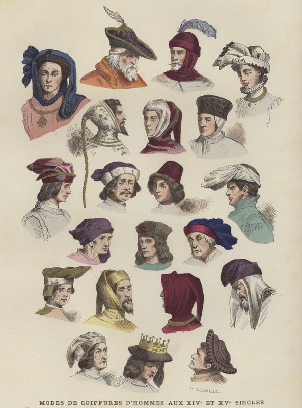 Hattar och huvudbonader för män, 1300- och 1400-talen av French School