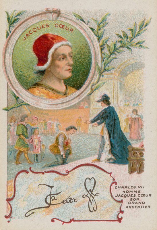 Handlaren Jacques Coeur hälsas av kung Karl VII av French School
