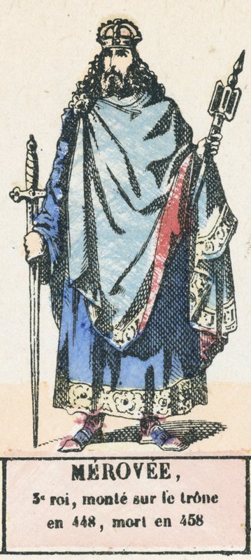 Merovi, ૩ a roi, monte sur le tarone n ૪૪૮, mort n ૪૫૮ (färgad gravyr) av French School