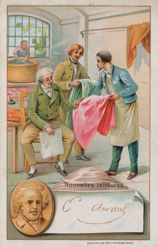 Michel Eugene Chevreul, fransk kemist (1786-1889), inspekterar några nya färgämnen av French School