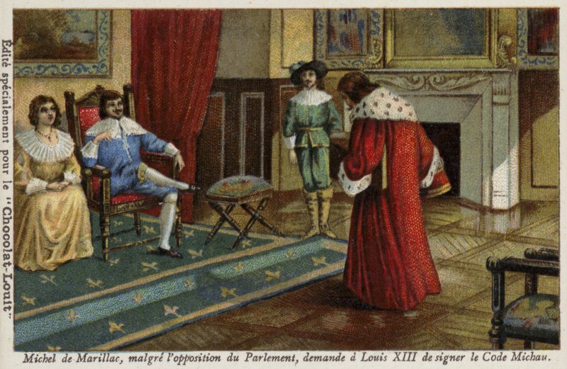 Michel de Marillac, trots parlamentets motstånd, ber Ludvig XIII att underteckna Code Michau som reformerar det franska rättssystemet, 1629 av French School