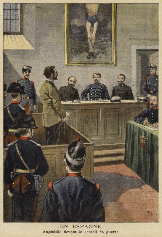 Michele Angiolillo före krigsrådet, Spanien, 1897 av French School