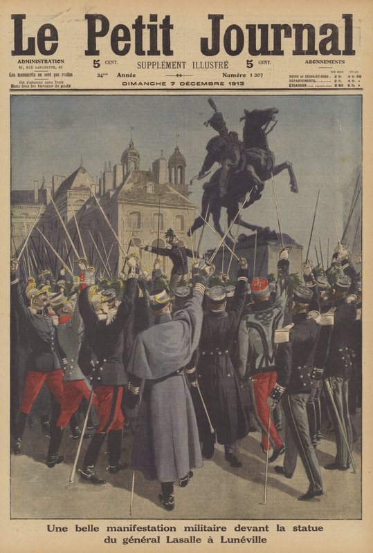 Militär demonstration inför statyn av general Lasalle i Luneville, Frankrike (färg litho) av French School