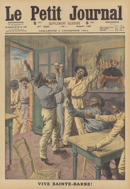 Gruvarbetare som dricker en skål för St Barbara, deras skyddshelgon (färg litho) av French School