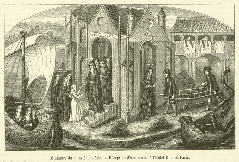 Miniatyr av det femtonde århundradet, mottagning av en novis på Hotel-Dieu i Paris (gravyr) av French School