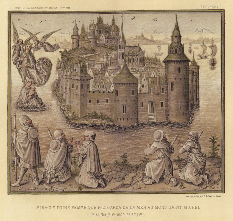 Mirakel av en kvinna som N-D Garda från havet till Mont Saint-Michel (färg litho) av French School