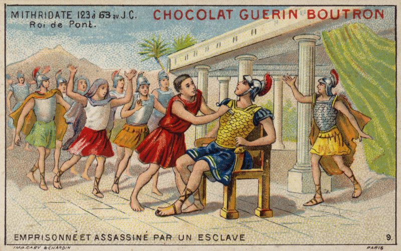 Mithridates VI av Pontus fängslad och mördad av en slav (chromolitho) av French School