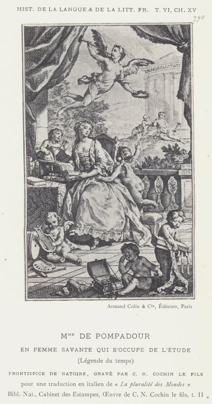 Mme De Pompadour, Som en lärd kvinna som tar hand om studien, Legend of Time (litho) av French School