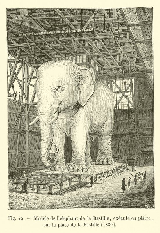 Modell av Bastiljens elefant, avrättad i gips, på Place de la Bastille, 1830 av French School