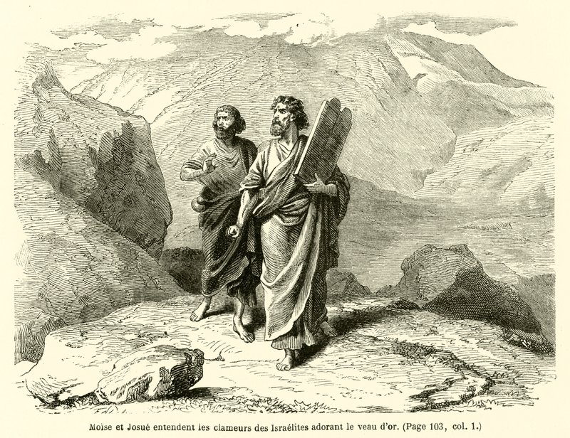 Moses och Josua hör skriken från israeliterna som tillber guldkalven (gravyr) av French School