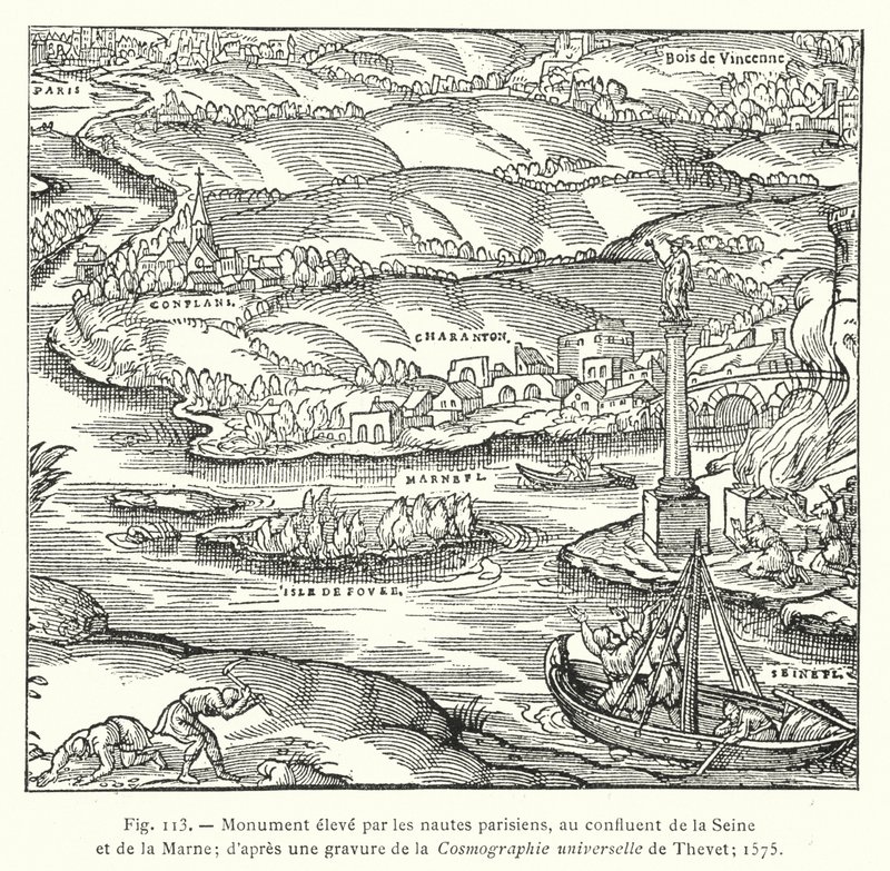 Monument uppfört av parisiska sjömän, vid sammanflödet av Seine och Marne; efter en gravyr av Thevets Universal Cosmography; 1575 (gravyr) av French School