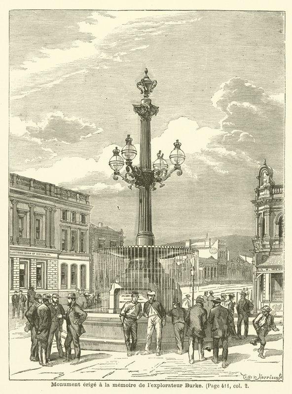 Monument uppfört till minne av upptäcktsresanden Burke (gravyr) av French School