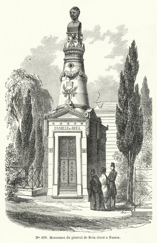 Monument i Nantes till den franske generalen Jean Baptiste Fidele Brea, avrättad av revolutionärer under junidagarnas uppror i Paris 1848 (gravyr) av French School
