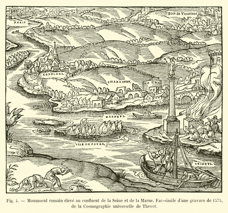 Romerskt monument uppfört vid sammanflödet av Seine och Marne, faksimil av en gravyr från 1575, från Cosmographie universelle av Thevet av French School