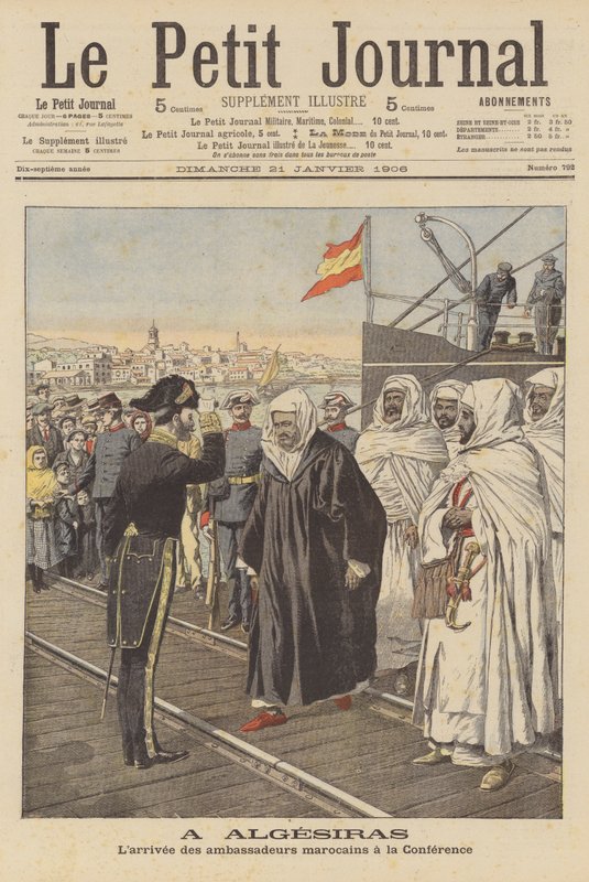 Marockanska ambassadörer anländer till Algeciras-konferensen i Spanien (färg litho) av French School