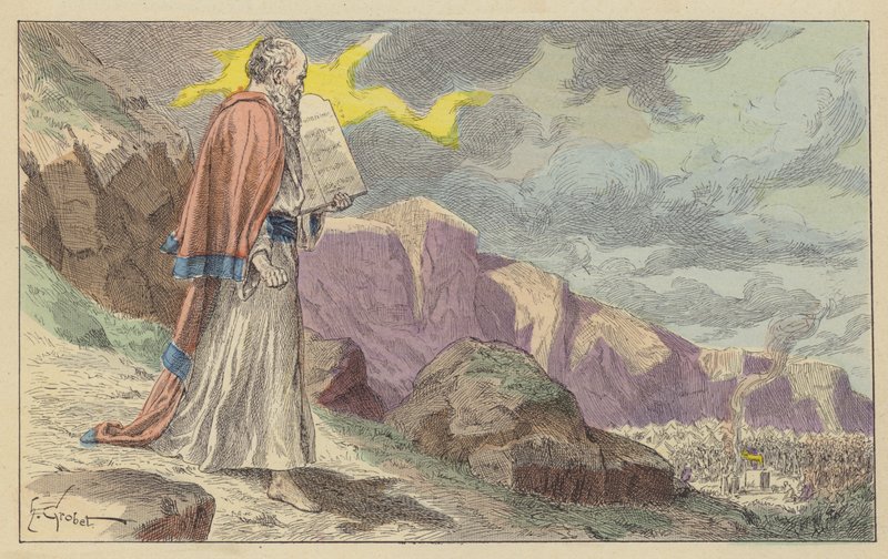 Moses återvänder från berget Sinai med de tio budorden (färg litho) av French School