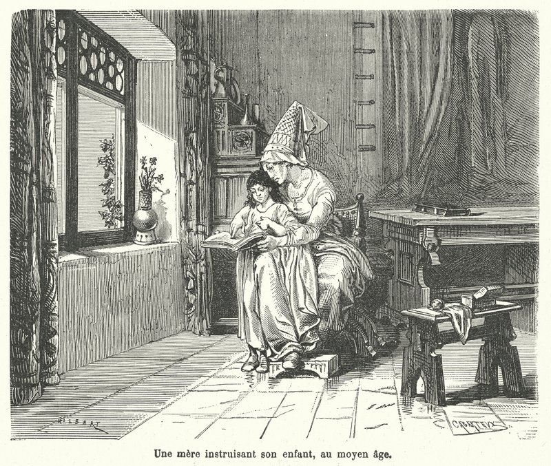 Mamma lärde sitt barn under medeltiden (gravyr) av French School