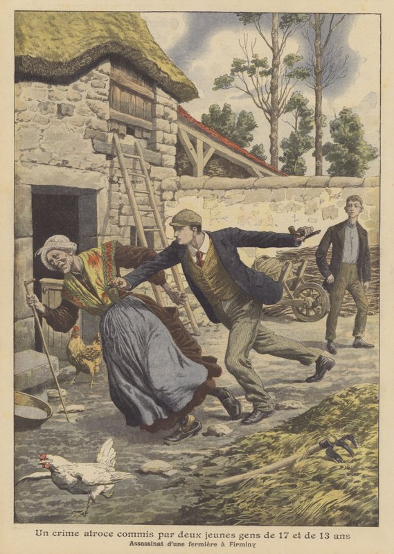 Mord på en bonde av två ungdomar i åldrarna 17 och 13 i Firminy, Frankrike (färg litho) av French School
