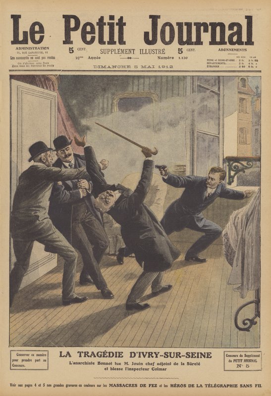 Mord på en högre Parispolis av en anarkist i Ivry-sur-Seine (färg litho) av French School