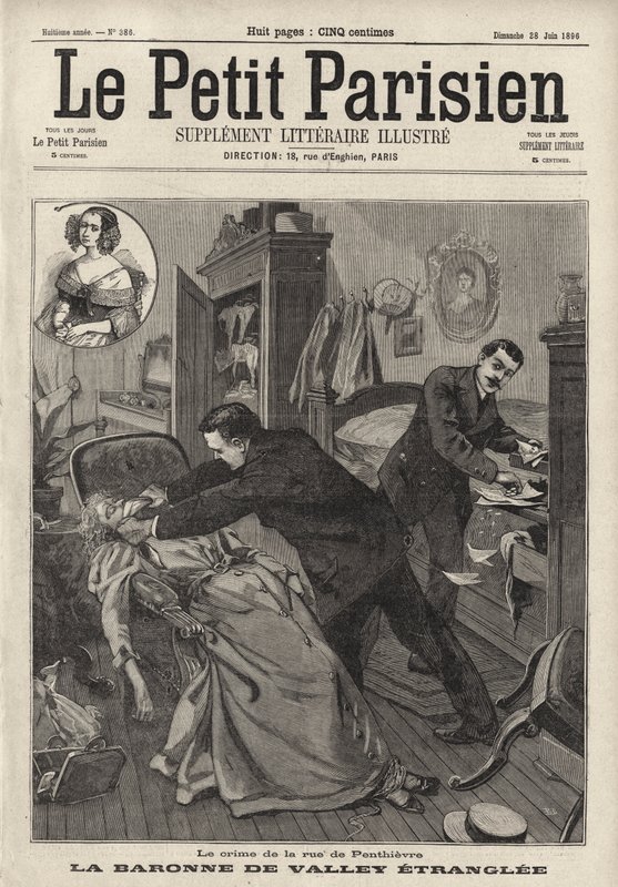 Mord på den äldre Baronne de Valley i hennes hem på Rue de Penthievre, Paris (gravyr) av French School