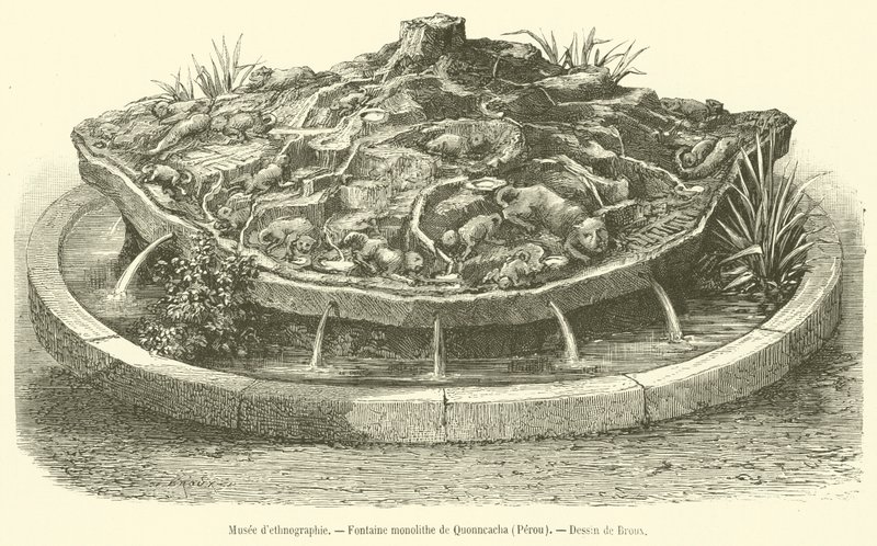 Etnografiskt museum, Quonncacha Monolith Fountain, Peru (gravyr) av French School