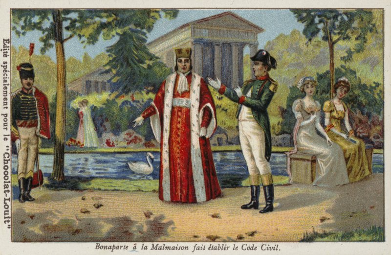 Napoleon Bonaparte upprättar Napoleonkoden vid Chateau de Malmaison, Frankrike, 1804 av French School