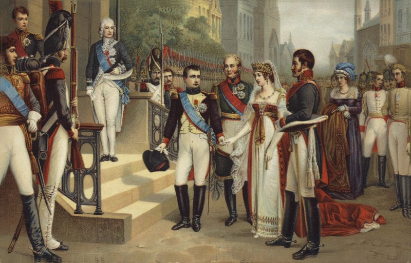 Napoleon I och drottningen av Preussen (färgad litografi) av French School