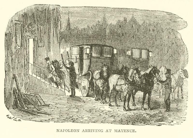 Napoleon anländer till Mayence (gravyr) av French School