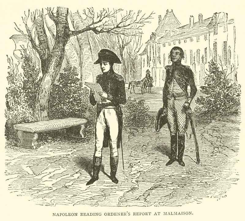 Napoleon läser ordeners rapport vid Malmaison (gravyr) av French School