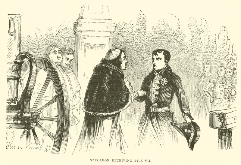 Napoleon tar emot Pius VII (gravyr) av French School