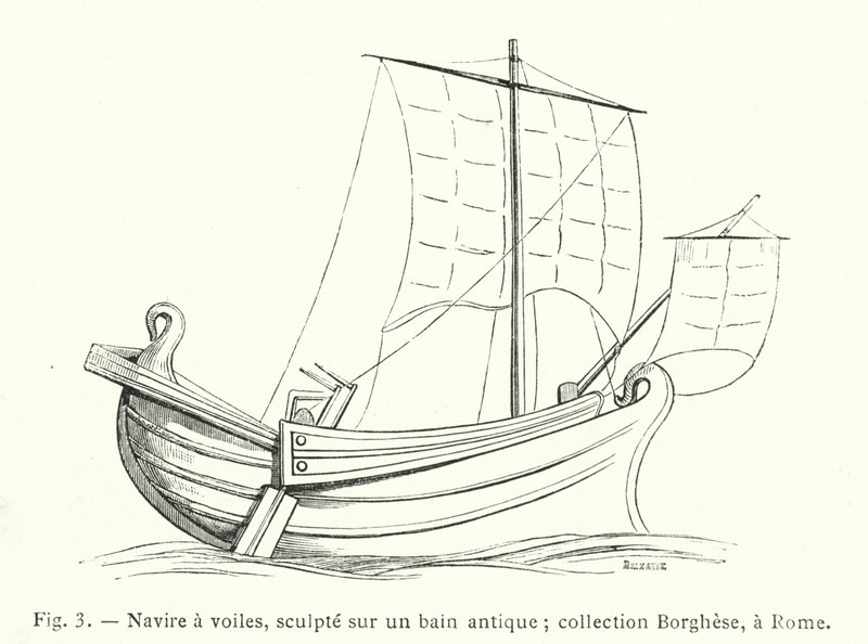 Segelfartyg, snidat på ett antikt bad; Borghese-samlingen, i Rom (gravyr) av French School