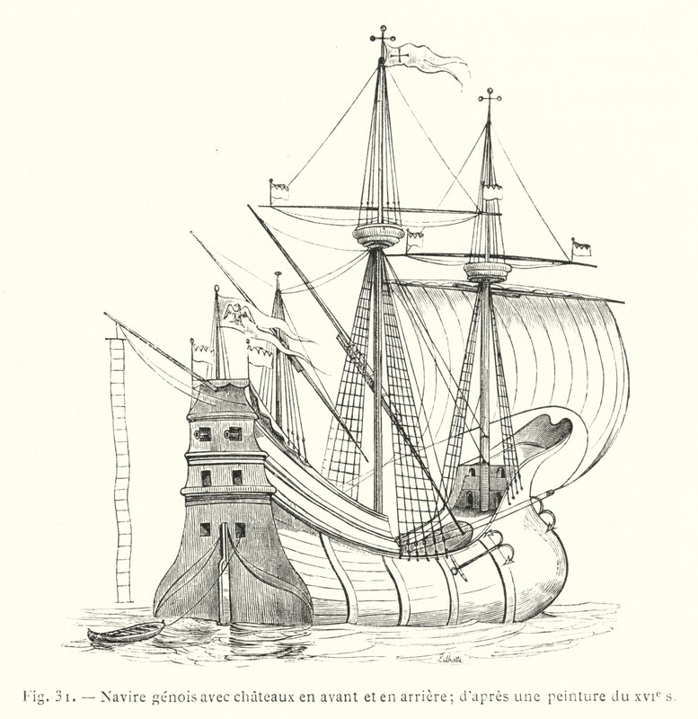 Genuesiska skepp med slott framåt och akter; efter en 1500-talsmålning (gravyr) av French School