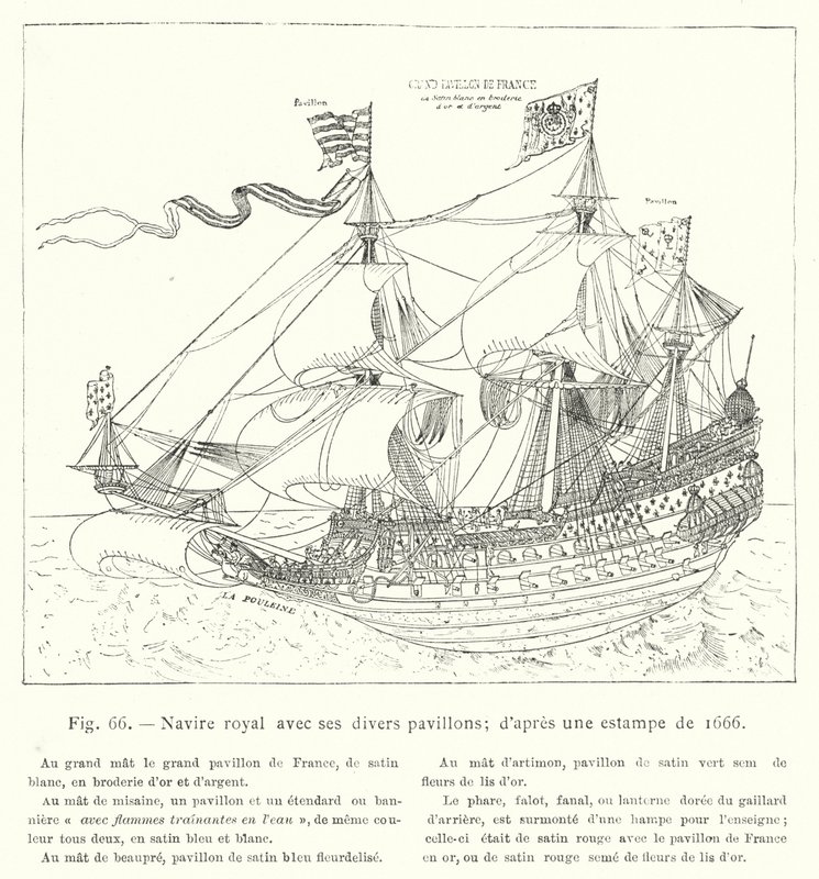 Kungsskepp med dess olika flaggor; efter ett tryck från 1666 (gravyr) av French School