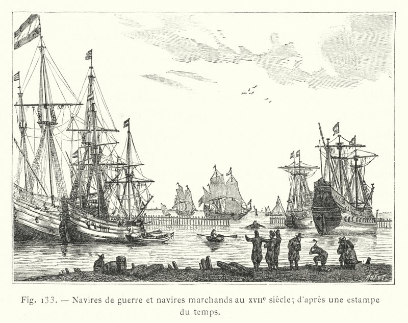 Örlogsskepp och handelsfartyg på 1600-talet; från ett tidstryck (gravyr) av French School