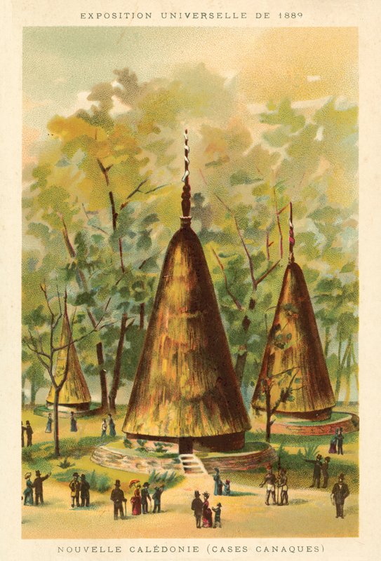 Nya Kaledonien (Kanak-hyddor), Exposition Universelle 1889, Paris (chromolitho) av French School