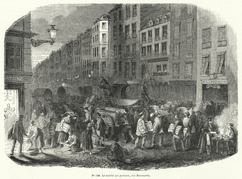 Tidningsmarknad, Rue Montmartre, Paris (gravyr) av French School