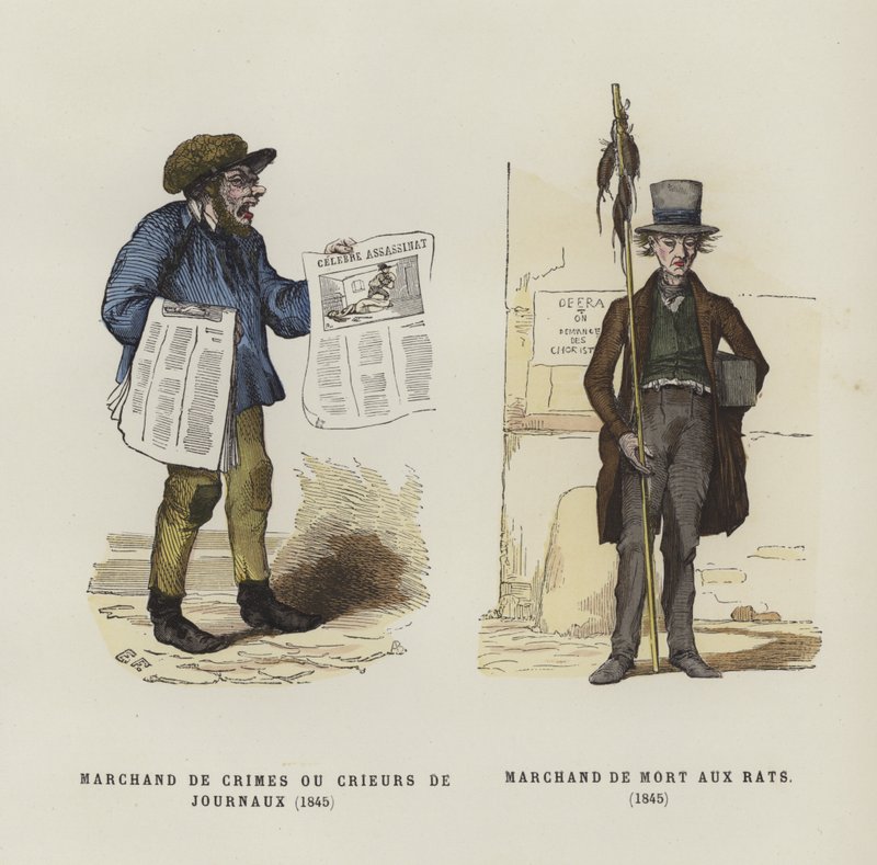 Tidningsförsäljare och råttfångare, 1845 av French School