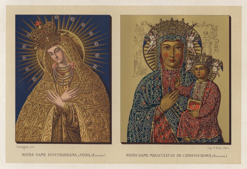Vår Fru av Ostrabrama i Vilna, Polen; Our Lady Miraculous of Czenstochowa, Polen (chromolitho) av French School