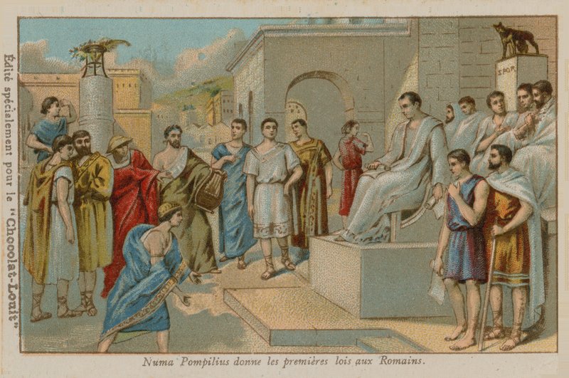 Numa Pompilius, andre kung av Rom (753-673 f.Kr.), antog de första romerska lagarna av French School